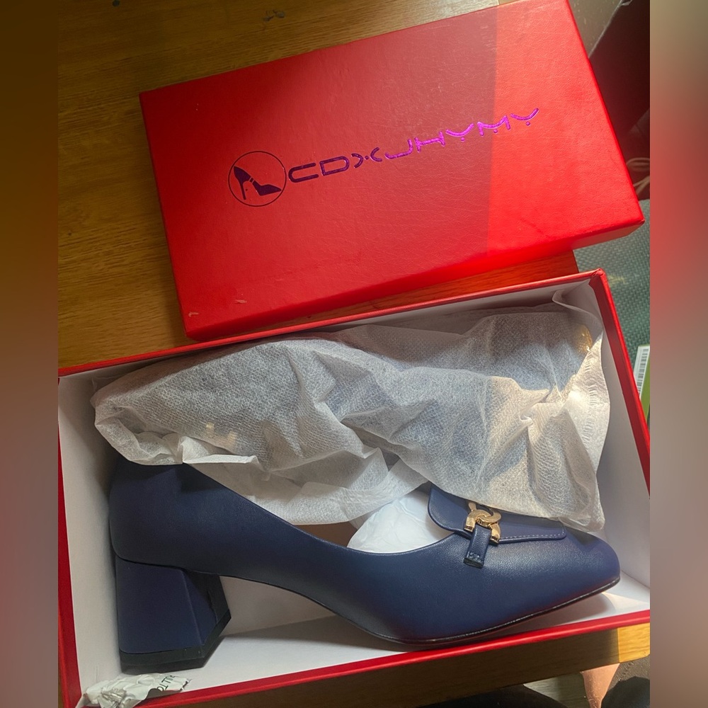 Navy Blue Classic Heels with Gold Buckle